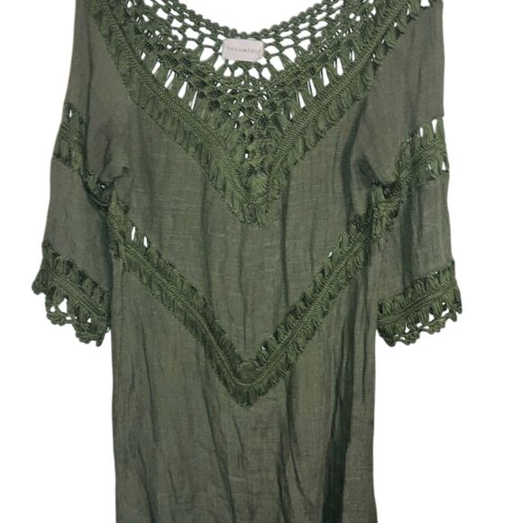Dream star Tops - Women's M Green Crochet Beach Cover-Up Blouse V-Neck 3/4 Sleeve Standard